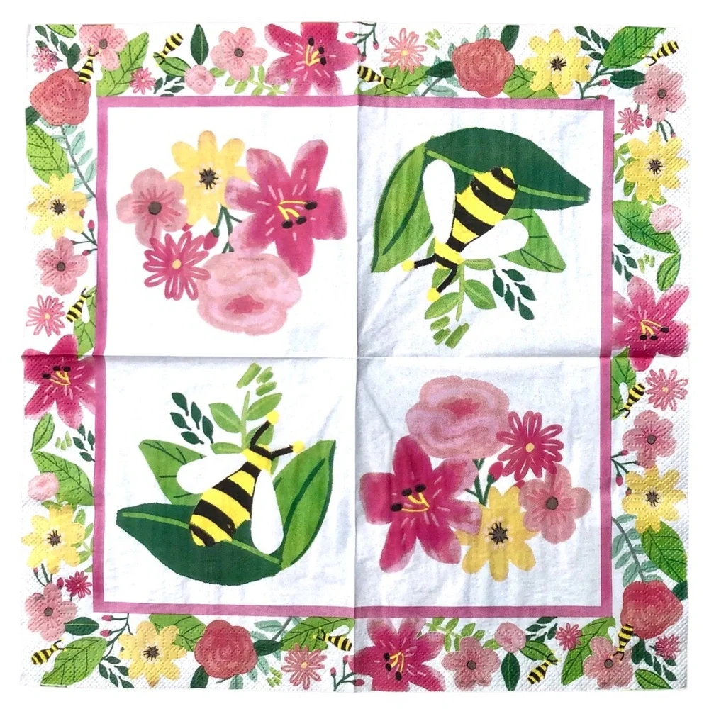 Spring Fling Pink Floral Bee 2-ply Luncheon Napkin, 18 ct